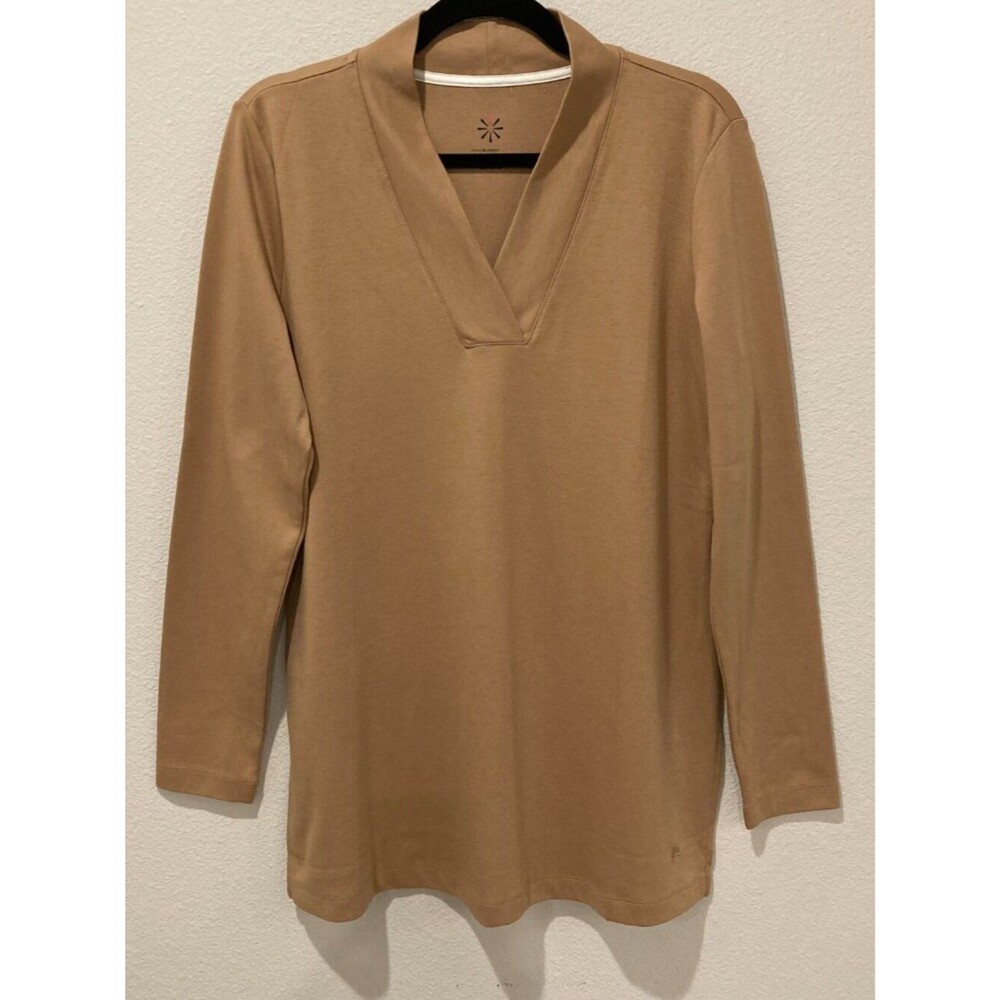 Isaac Mizrahi Live Tan Camel Split V Neck Pima Cotton Tunic M